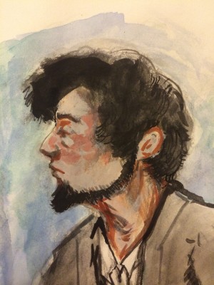 Boston Marathon bomber Dzhokhar Tsarnaev is depicted in a courtroom sketch at the John Joseph Moakley United States Courthouse Wednesday. ILLUSTRATION BY REBECCA NESS/ DAILY FREE PRESS STAFF