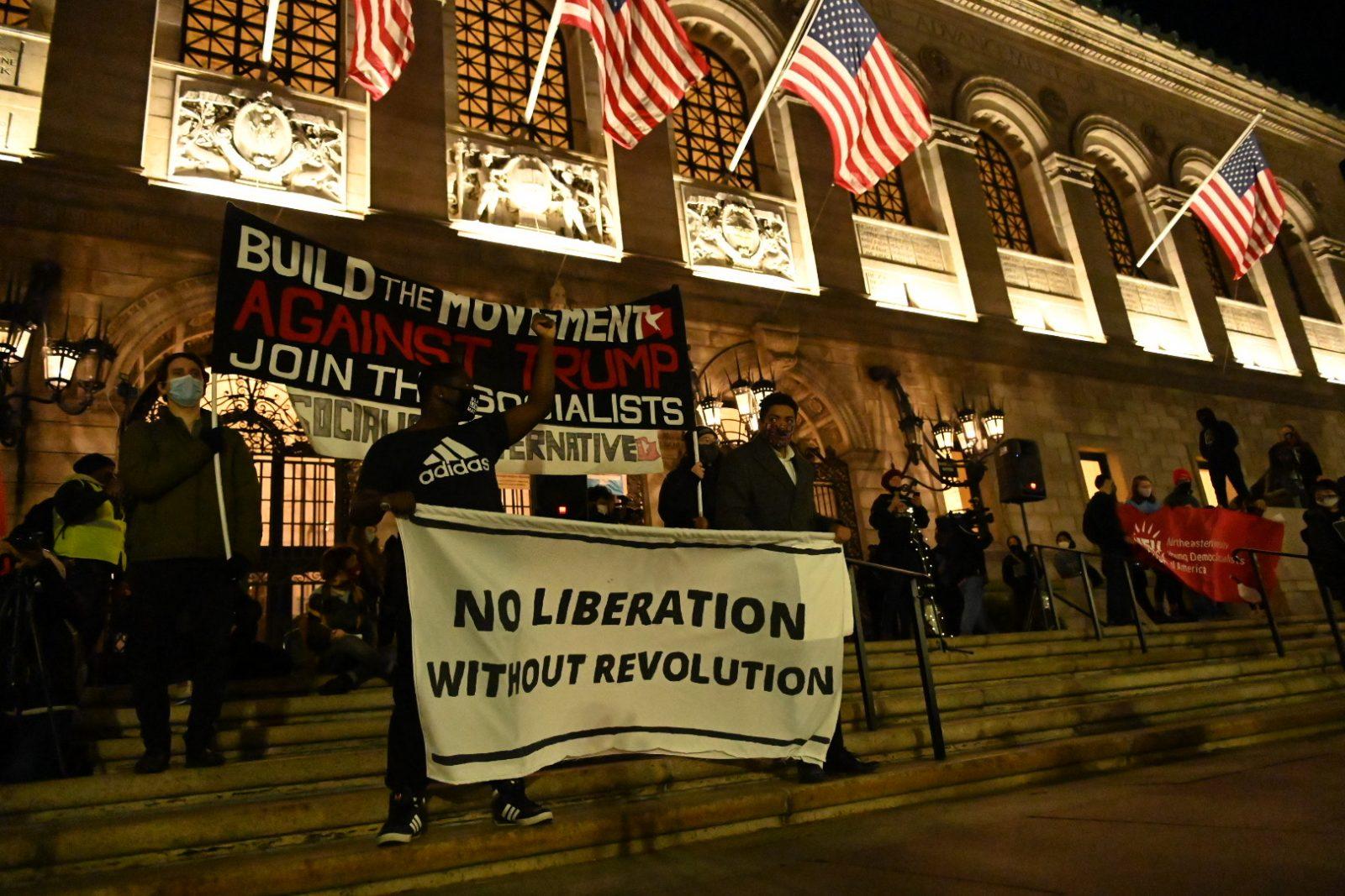 Demonstrators marched from Nubian Square to Copley Square Wednesday evening to protest President Donald Trump potentially contesting the results of the presidential election. LAURYN ALLEN/ DAILY FREE PRESS STAFF
