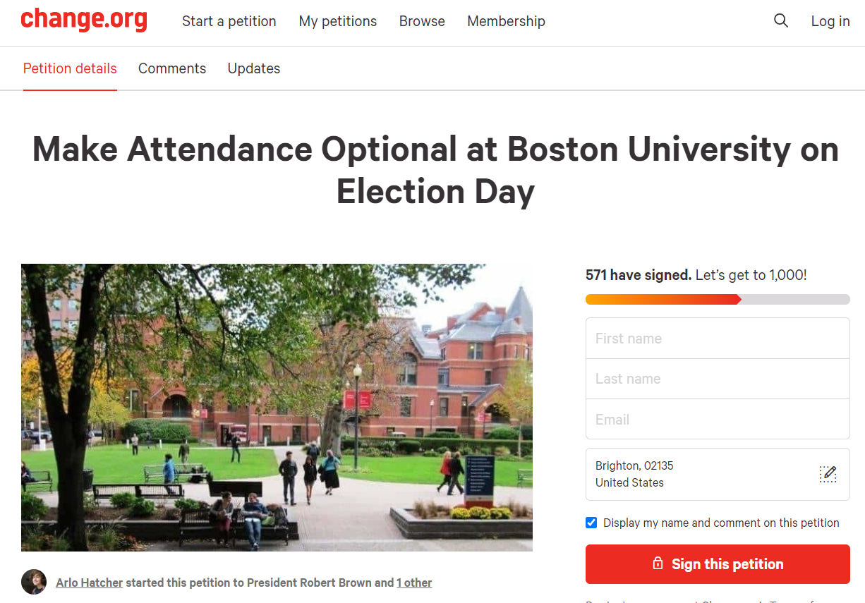 Boston University students are urging the administration to make attendance optional on election day through an online petition. LAURYN ALLEN/ DAILY FREE PRESS STAFF