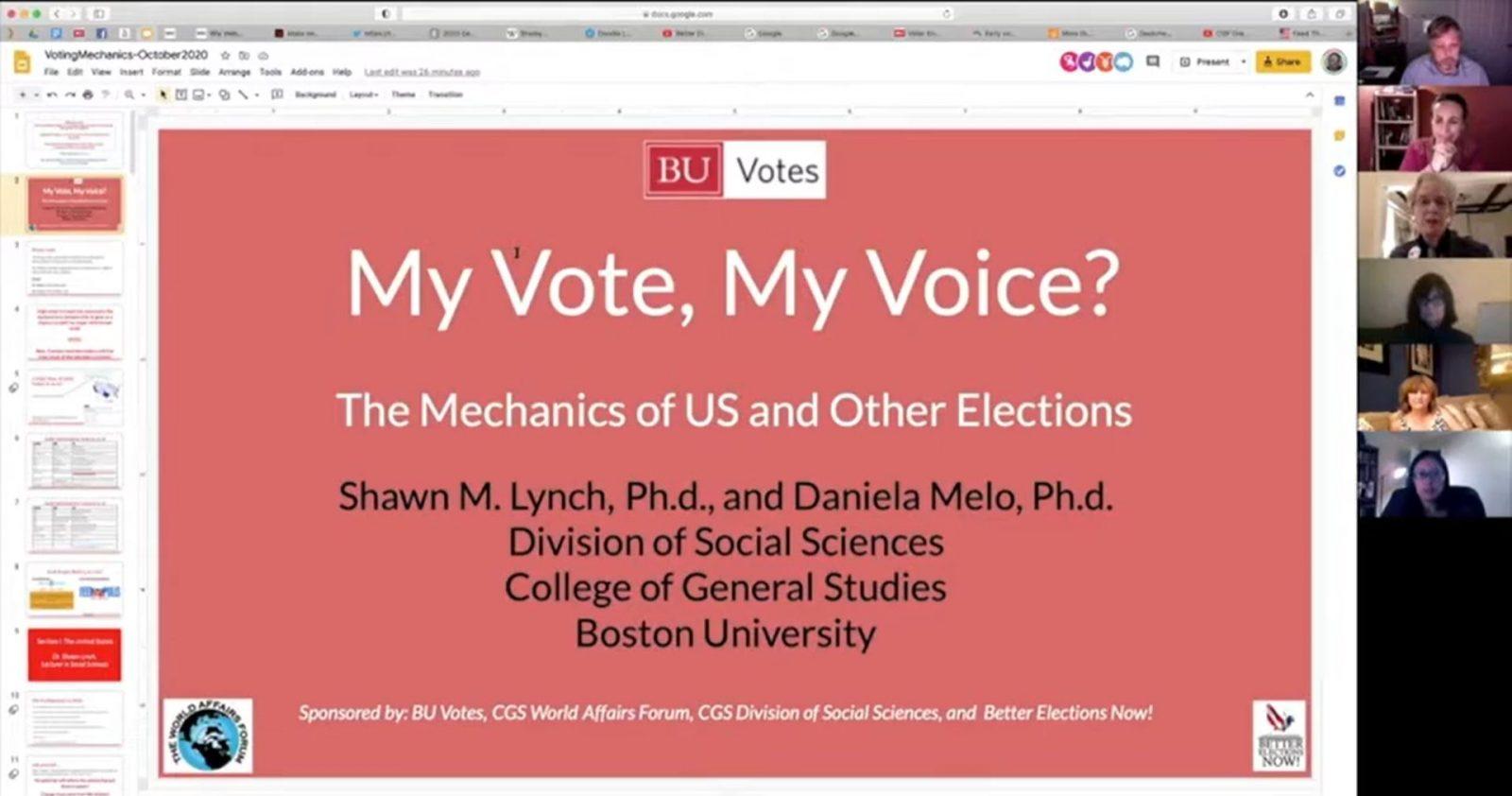 Boston University professors Shawn Lynch and Daniela Melo hosted “My Vote, My Voice: The Mechanics of U.S. and Other Elections” on Wednesday to discuss the Nov. 3 election and the impact of voting. LAURYN ALLEN/ DAILY FREE PRESS STAFF

