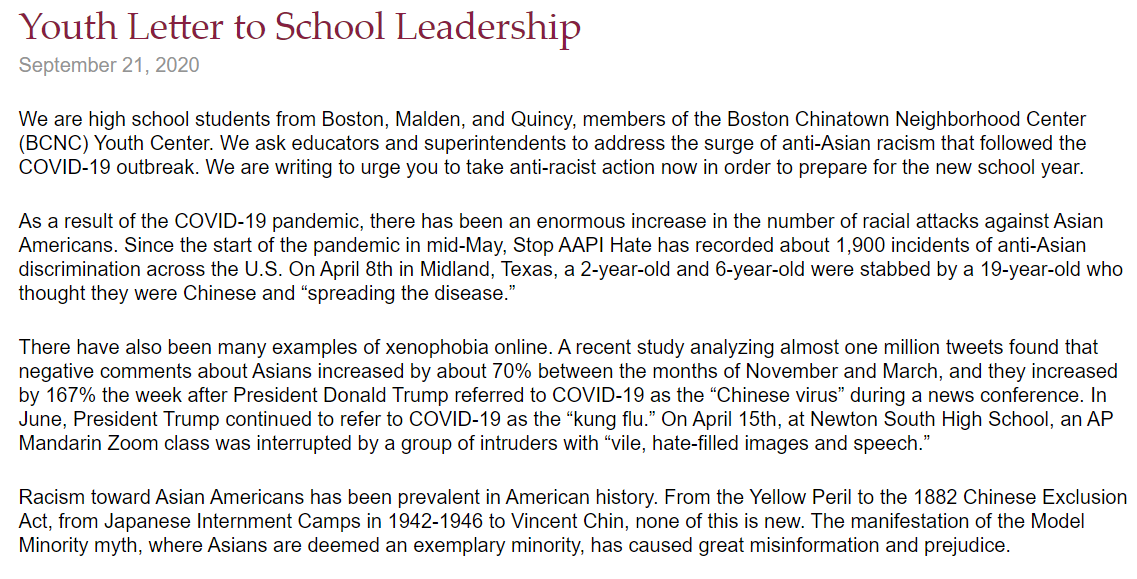 High school students from Boston, Malden and Quincy demanded school administrators confront anti-Asian racism in an open letter published Sept. 21. LAURYN ALLEN/ DAILY FREE PRESS STAFF