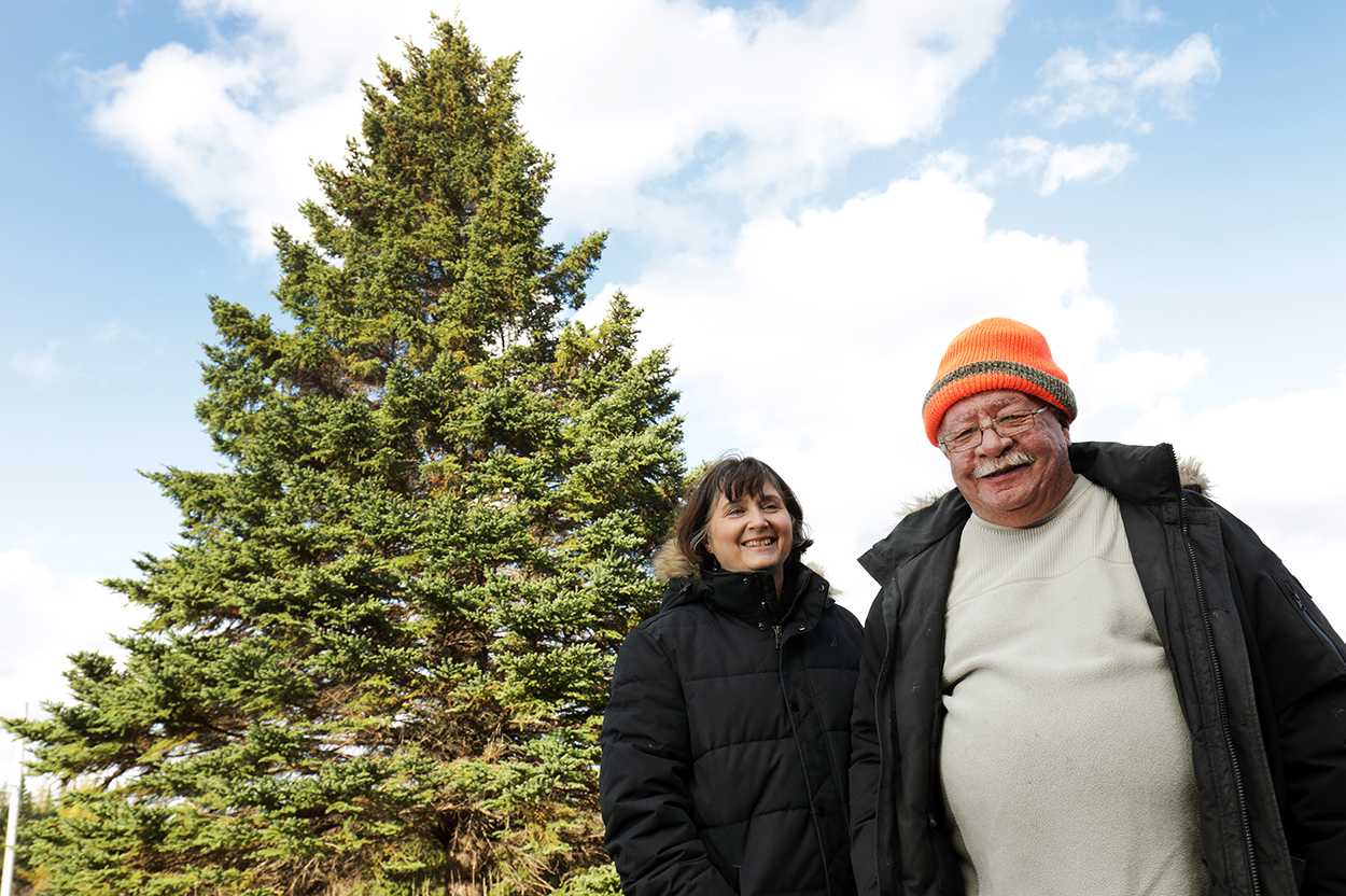 Heather and Tony Sampson, residents of Dundee, Nova Scotia, stand by the tree they are donating to the City of Boston as part of a yearly tradition to thank Massachusetts for its aid to the Canadian province after the Halifax Explosion of 1917. COURTESY OF HEATHER AND TONY SAMPSON