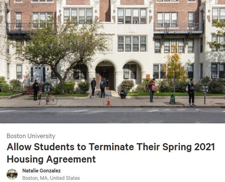Natalie Gonzalez, a senior at Boston University’s College of Arts and Sciences, launched a petition Thursday to urge the University to allow students to terminate their housing agreement for Spring. LAURYN ALLEN/ DAILY FREE PRESS STAFF
