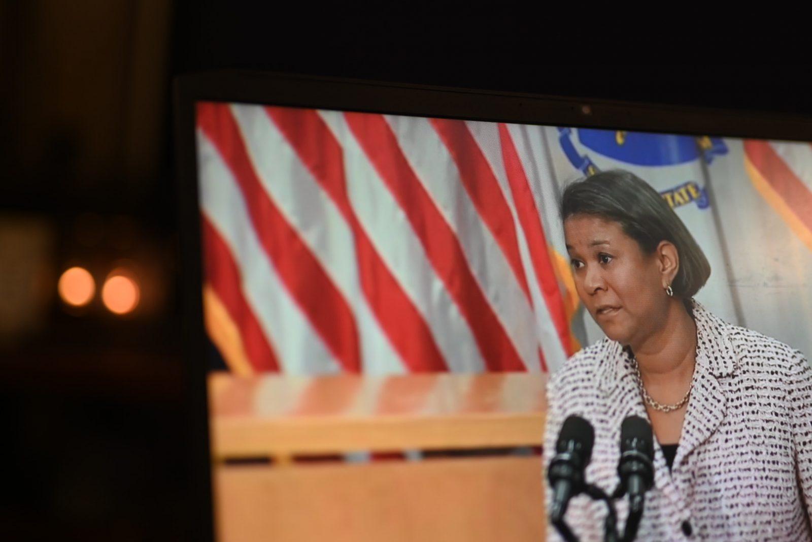 Kimberly Budd addressed the press on Thursday after her nomination to chief justice of the Massachusetts Supreme Judicial Court by Gov. Charlie Baker. ILLUSTRATION BY LAURYN ALLEN/ DAILY FREE PRESS STAFF
