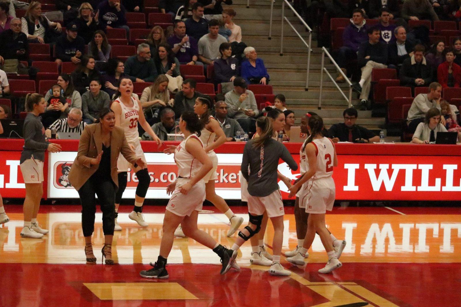Boston University’s women’s basketball team at a Jan. 25 game against the College of the Holy Cross. BU’s women’s basketball will return in January to play 16 games before participating in the Patriot League Tournament. ELIZABETH MCCLELLAND/ DFP FILE
