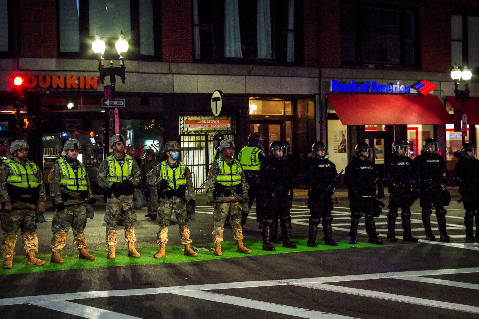 National Guard members at a May 31 protest in Downtown Boston. Gov. Charlie Baker activated the Massachusetts National Guard on Thursday in response to anticipated protests against police brutality. ANGELA YANG/ DFP FILE