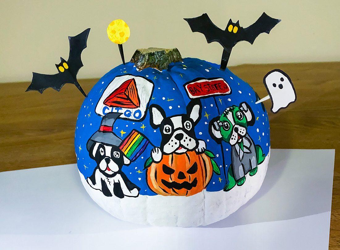 A Boston Terrier-themed pumpkin submission to Kilachand Honors College’s pumpkin decorating contest by a group of Boston University sophomores in KHC. COURTESY OF MAX BROWN, EMMA KRAUS, OLIVIA HARE, CAROLINE FERNANDEZ AND SARA STRASSEL
