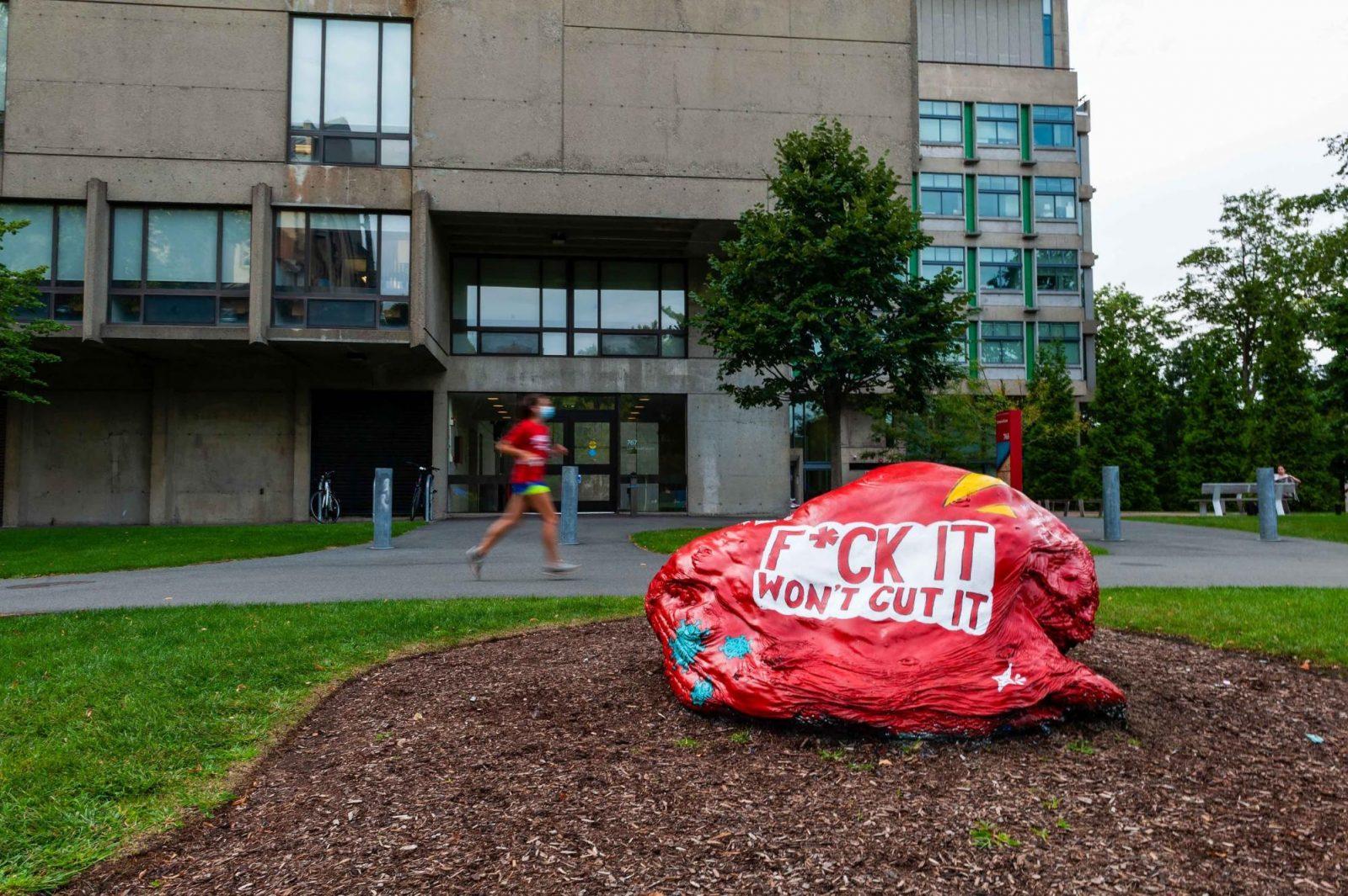 Boston University Greek rock painted with the “F— It Won’t Cut It” logo