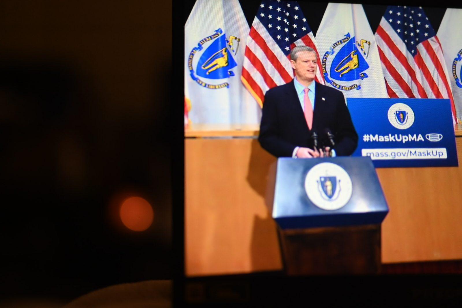 Massachusetts Gov. Charlie Baker issued a stay-at-home advisory Monday in response to an uptick in the state’s COVID-19 cases. ILLUSTRATION BY LAURYN ALLEN/ DAILY FREE PRESS STAFF
