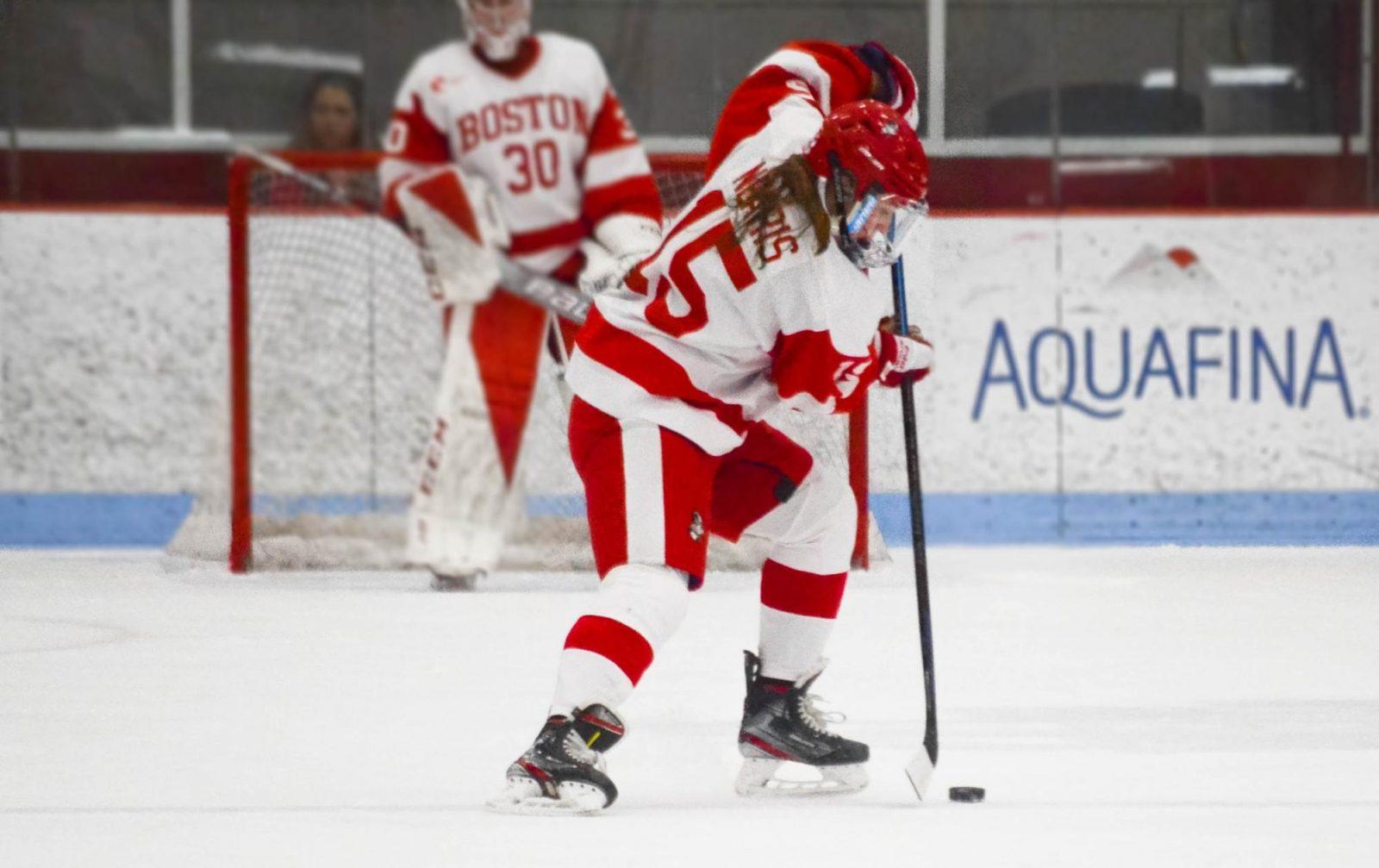 Boston University sophomore forward Julia Nearis in a women’s hockey game against the University of Connecticut last February. In their first game in more than 275 days, BU women’s hockey defeated the University of New Hampshire 2-1 on Friday. CAROLINE FERNANDEZ/ DFP FILE
