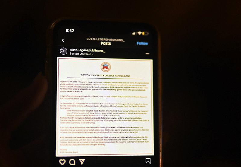 Boston University College Republicans released a statement on Instagram denouncing a Twitter thread by Ibram X. Kendi, director and founder of the Boston University Center for Antiracist Research. LAURYN ALLEN/ DAILY FREE PRESS STAFF