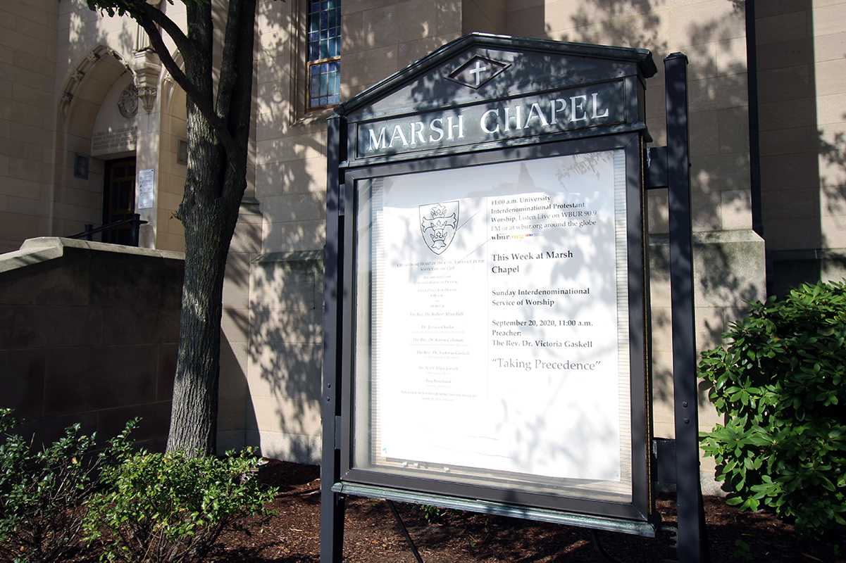 While Marsh Chapel does not plan to reopen for in-person services until Boston University COVID-19 guidelines allow it to, the space is being used for afternoon classes. HANNAH YOSHINAGA/ DAILY FREE PRESS STAFF
