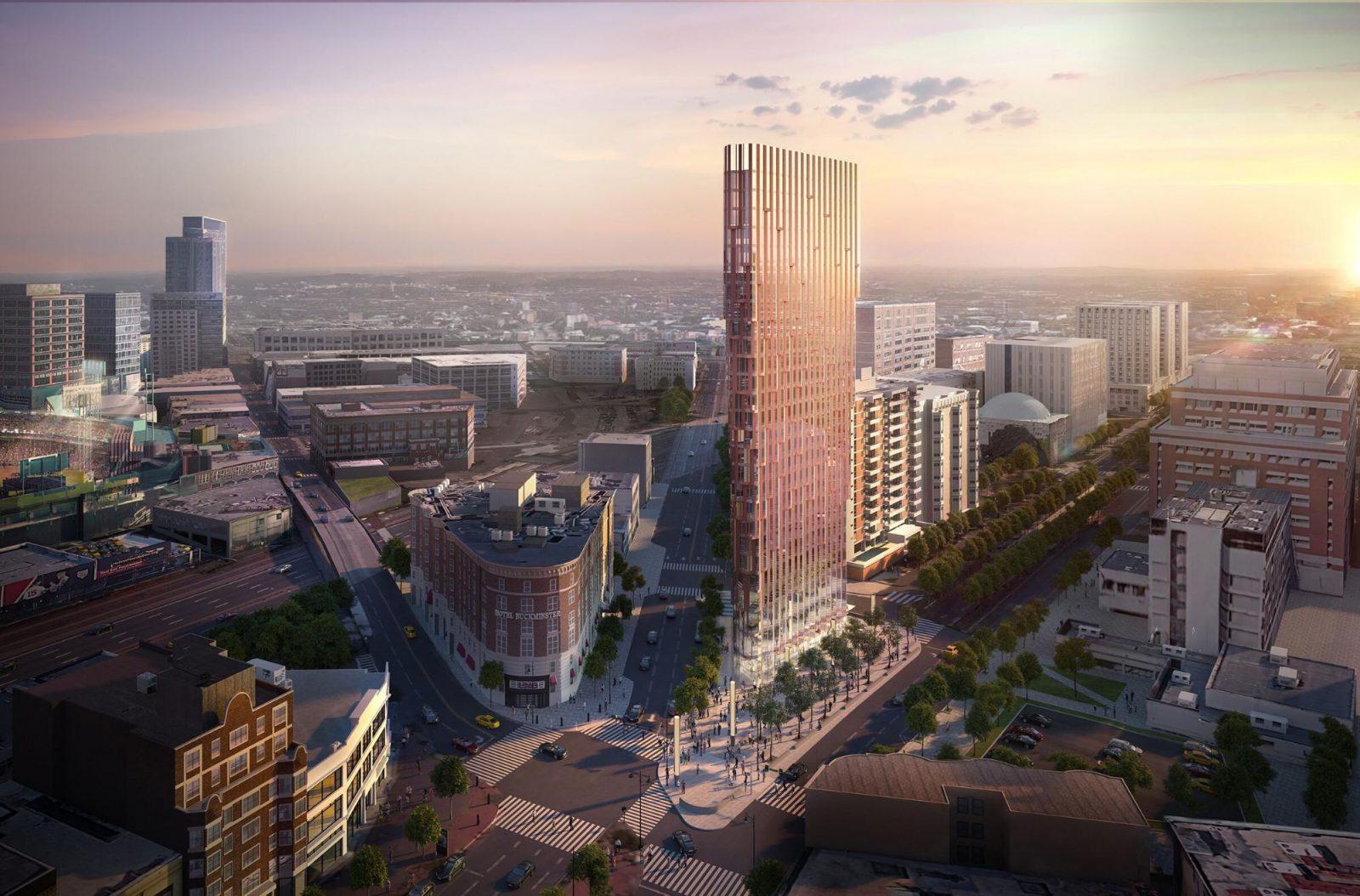 A new plan to redevelop the western intersection of Kenmore Square includes a 300-foot hotel and a new cross street connecting Commonwealth Avenue and Beacon Street. COURTESY OF STUDIO GANG
