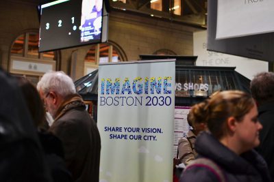 Imagine Boston 2030 members gather at South Station Thursday evening to discuss transportation and housing growth challenges in the the community. PHOTO BY CHLOE GRINBERG/ DAILY FREE PRESS STAFF