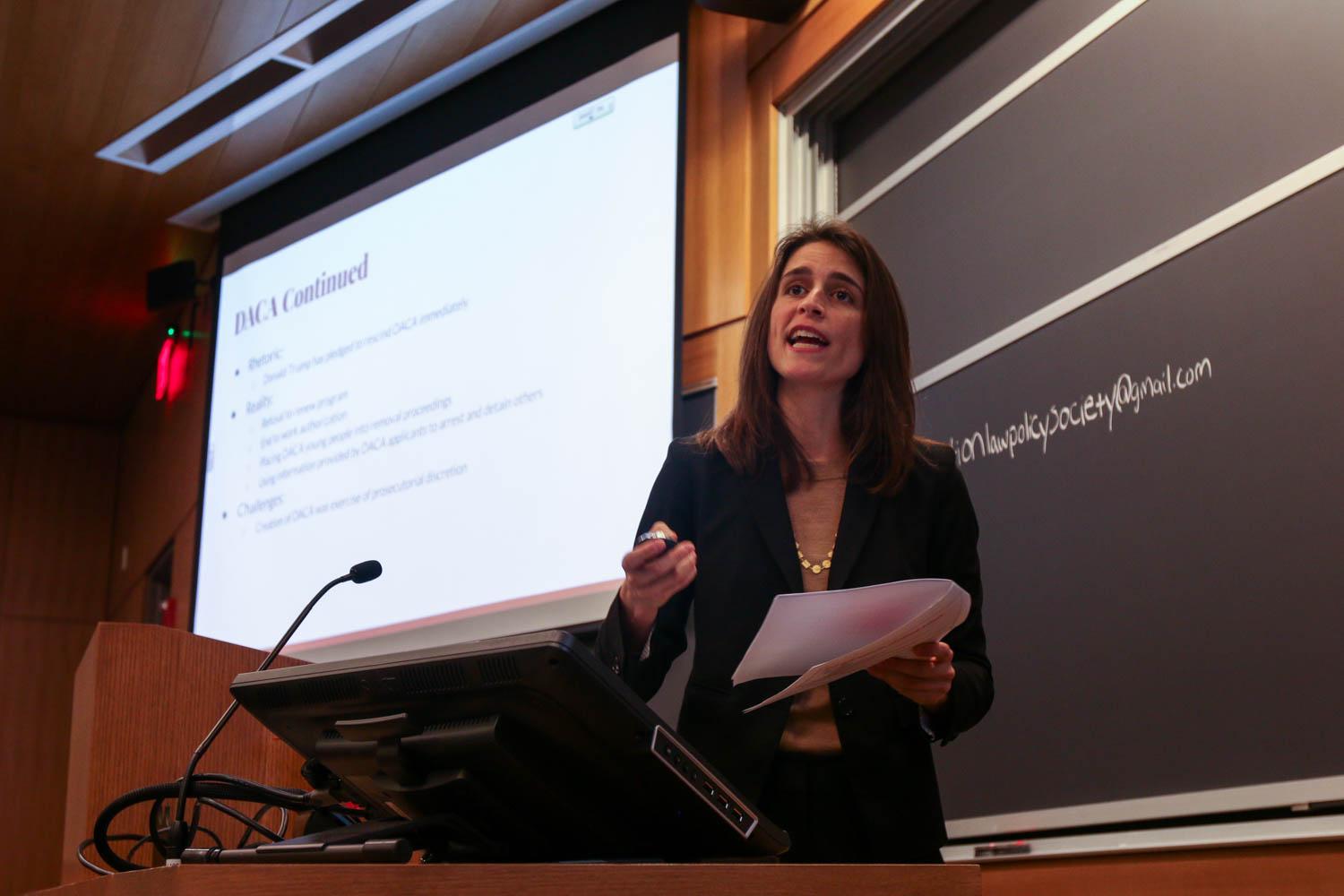 Students gather at the Boston University School of Law Tuesday evening to discuss the Trump administration’s potential effect on immigration policies. PHOTO BY KANKANIT WIRIYASAJJA/ DAILY FREE PRESS STAFF