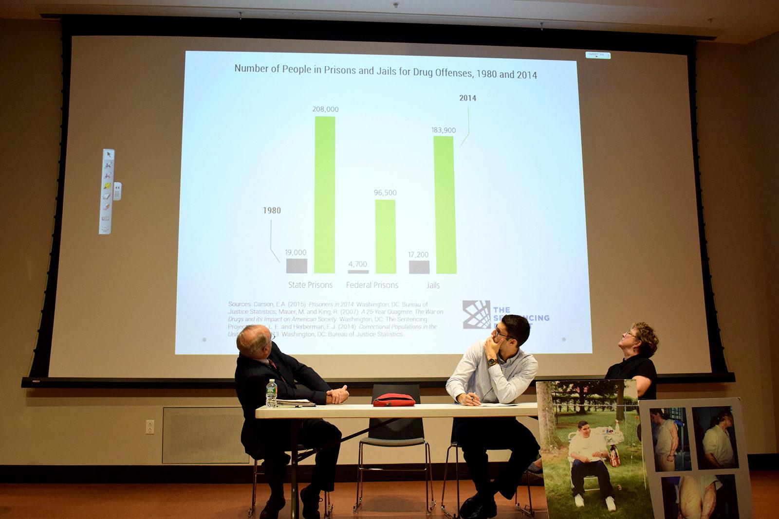 Leslie Walker, Carlos Monteiro and James Matesanz speak at the Howard Thurman Center for Common Ground panel “Mass Incarceration: Causes and Cures” Oct. 25 at the Boston University Law Auditorium. PHOTO BY LILIAN LI/ DAILY FREE PRESS STAFF