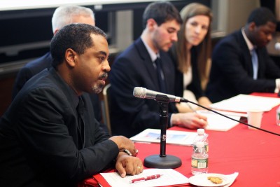 Boston University School of Social Work professor Phillipe Copeland speaks at “50 Years Later: A Discussion on Voting Rights and Mass Incarceration in 2015” at the School of Theology Tuesday. PHOTO BY OLEG TEPLYUK/DAILY FREE PRESS STAFF