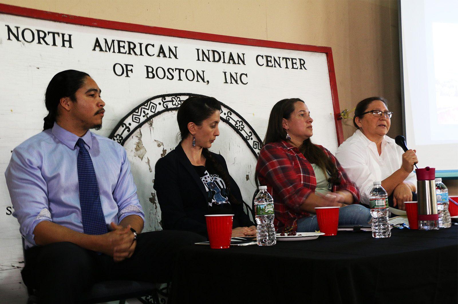 Native American historians and indigenous rights activists join together at a panel to inform, educate and discuss how to decolonize United States environmentalism Thursday evening at the North American Indian Center of Boston. PHOTO BY MARIA CASTILLO/ DAILY FREE PRESS STAFF