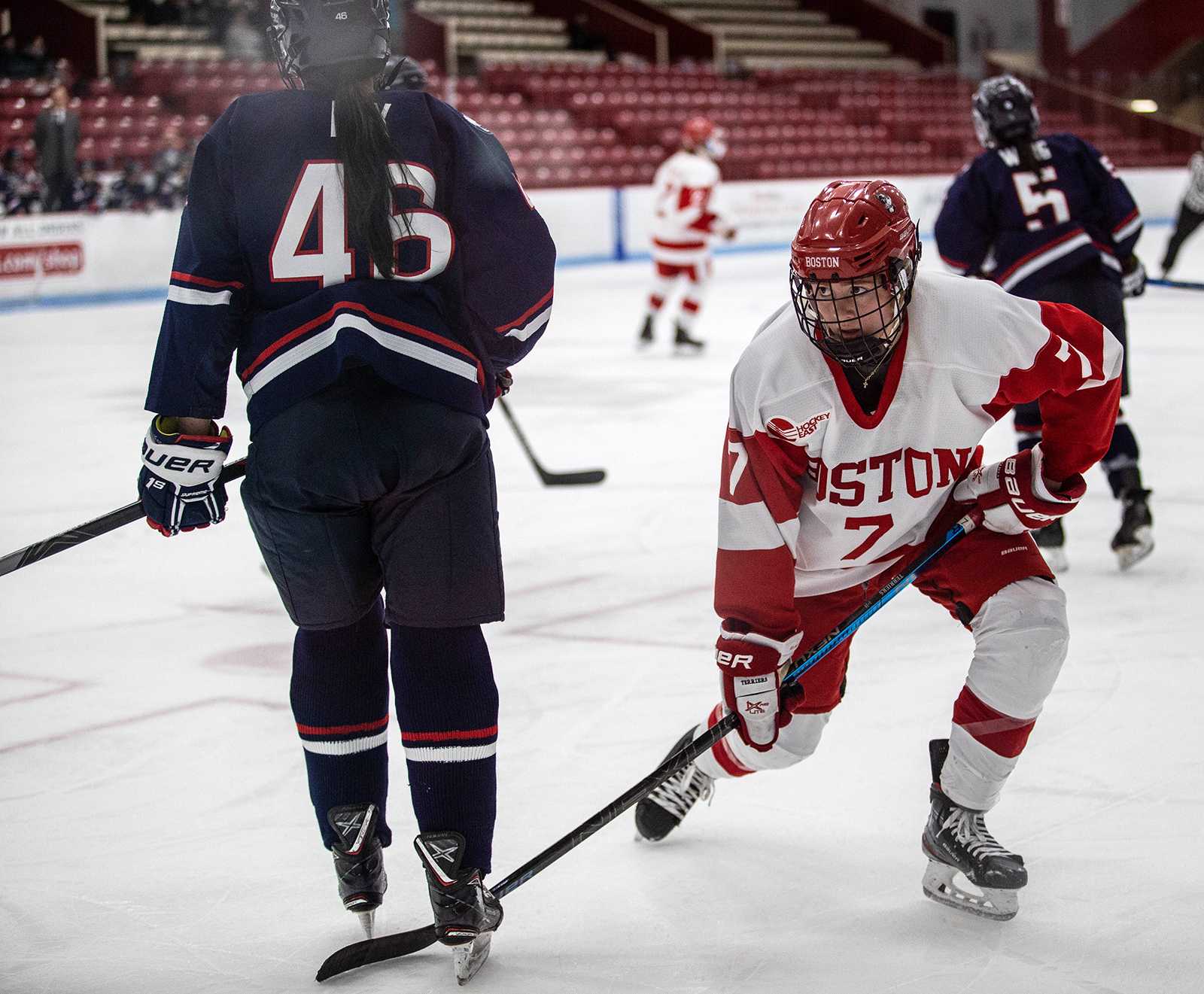 Senior forward Jesse Compher in a game against the University of Connecticut Feb. 21, 2020. Compher scored two goals in the Terriers’ 4-1 victory over the University of Vermont Saturday. LAURYN ALLEN/ DFP FILE 