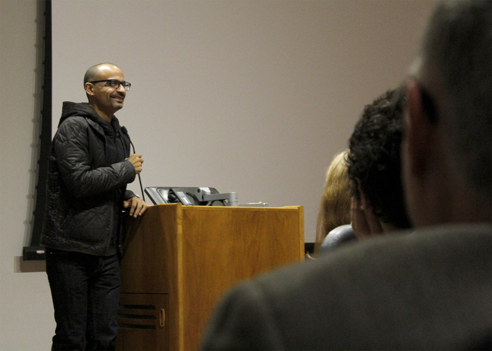 Pulitzer Prize winning author, Junot Diaz, read from his most recent work and answered audience member’s questions during the “Ha Jin visiting Lecturer Series” Monday night. PHOTO BY RACHEL MCLEAN/DAILY FREE PRESS STAFF
