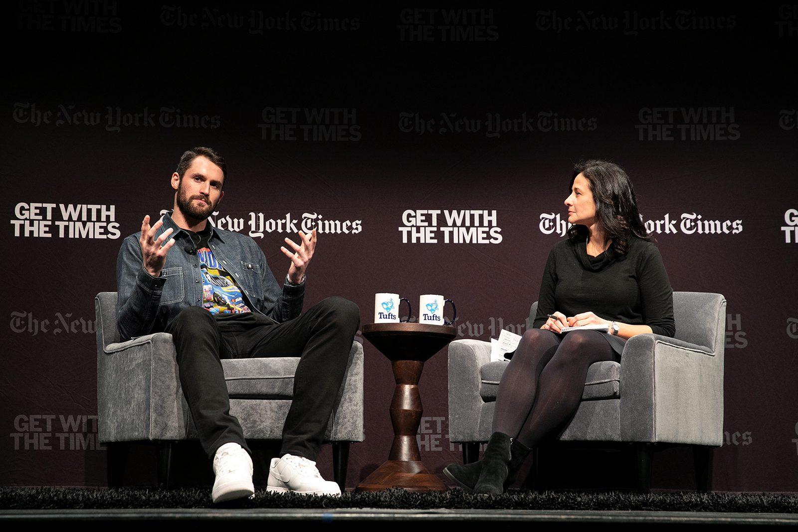 Cleveland Cavaliers forward Kevin Love speaks about mental health in conversation with New York Times sports columnist Juliet Macur Thursday at Tufts University. COURTESY OF KAYANA SZYMCZAK FOR THE NEW YORK TIMES
