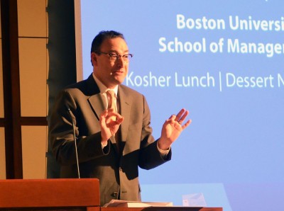 Kenneth L. Marcus delivers a keynote address on leading the movement against anti-Semitism at a Sunday conference held in the Boston University’s School of Management. PHOTO BY DANIEL GUAN/DAILY FREE PRESS STAFF