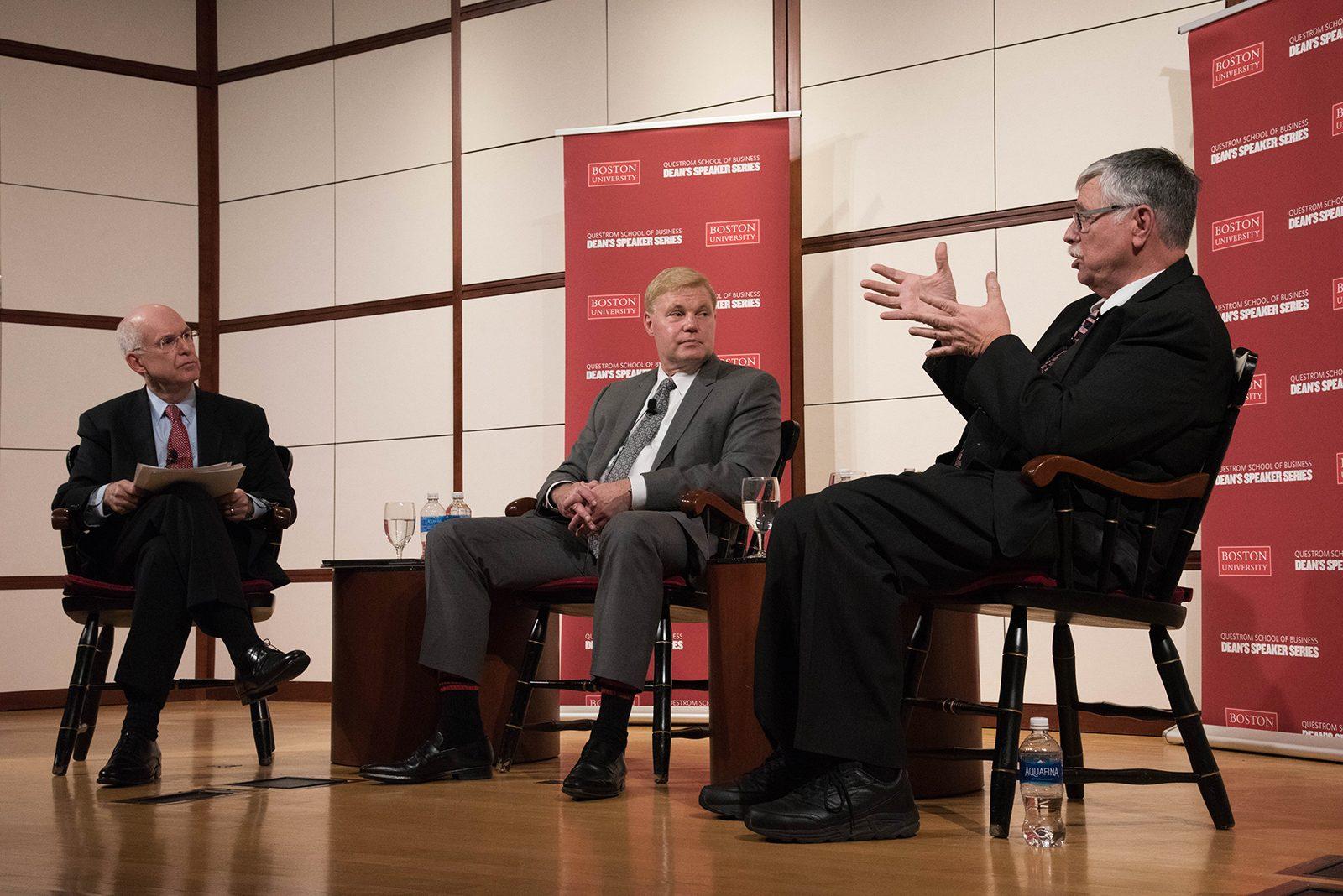 Kenneth Freeman, dean of the Boston University Questrom School of Business, leads a discussion with
Amtrak’s Barry Melnkovic and Joseph Boardman during an installation of the Dean’s Speaker Series in the Questrom Auditorium Thursday. PHOTO BY LAUREN PETERSON/ DAILY FREE PRESS STAFF