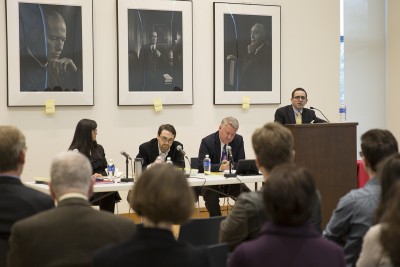 Paul Horwitz, a law professor at University of Alabama School of Law, opens the “When God Isn’t Green: A World-Wide Journey to Places Where Religious Practice and Environmentalism Collide” discussion of BU Law Professor Jay Wexler’s book “When God Isn’t Green" Monday afternoon in Barristers Hall. PHOTO BY SARAH SILBIGER/DAILY FREE PRESS STAFF