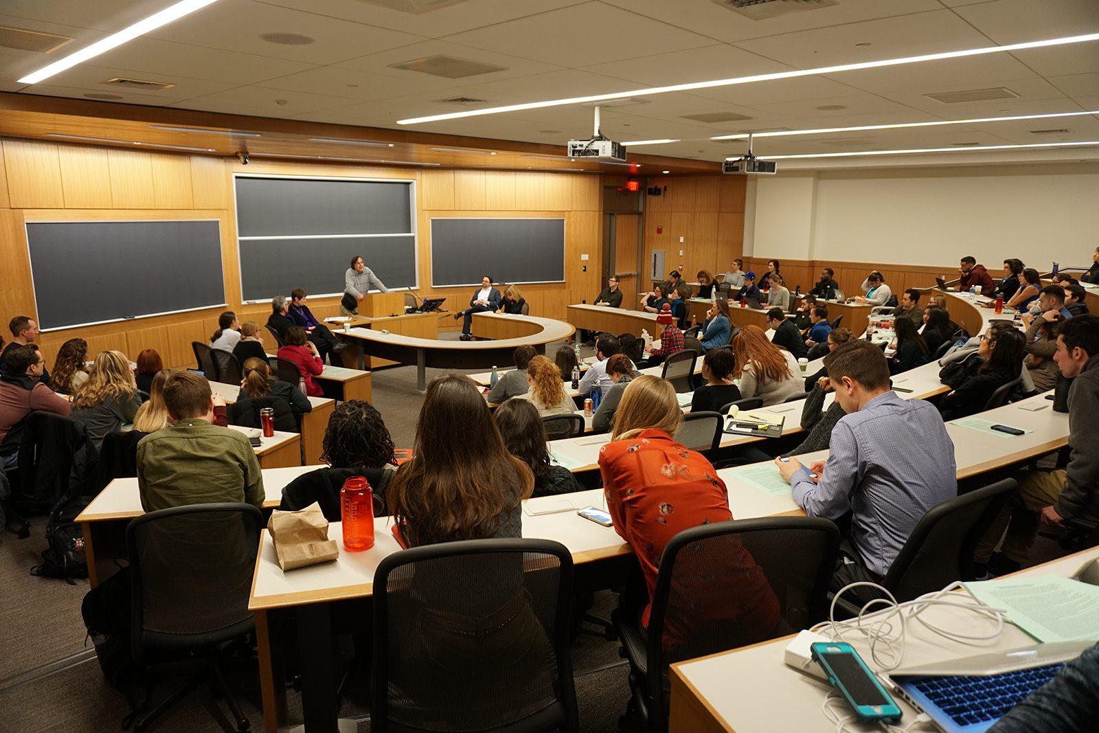 BU School of Law professors Jack Beermann, Karen Pita Loor, Gary Lawson and Jay Wexler discuss executive powers, conflicts of interest and civil rights on Friday. PHOTO BY JUNE KIM/ DAILY FREE PRESS STAFF