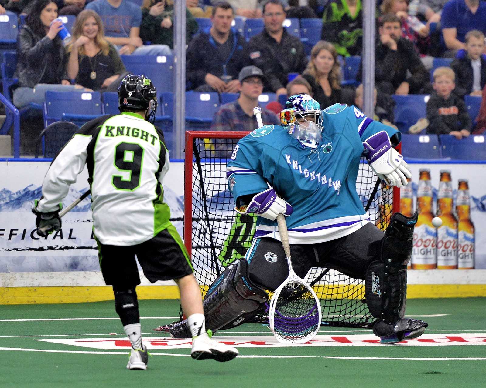 In NLL action, the Rochester Knighthawks face off against the Saskatchewan Rush. PHOTO COURTESY GEORGE FOURLARIS/ IN LACROSSE WE TRUST