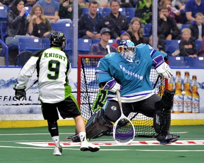 In NLL action, the Rochester Knighthawks face off against the Saskatchewan Rush. PHOTO COURTESY GEORGE FOURLARIS/ IN LACROSSE WE TRUST 