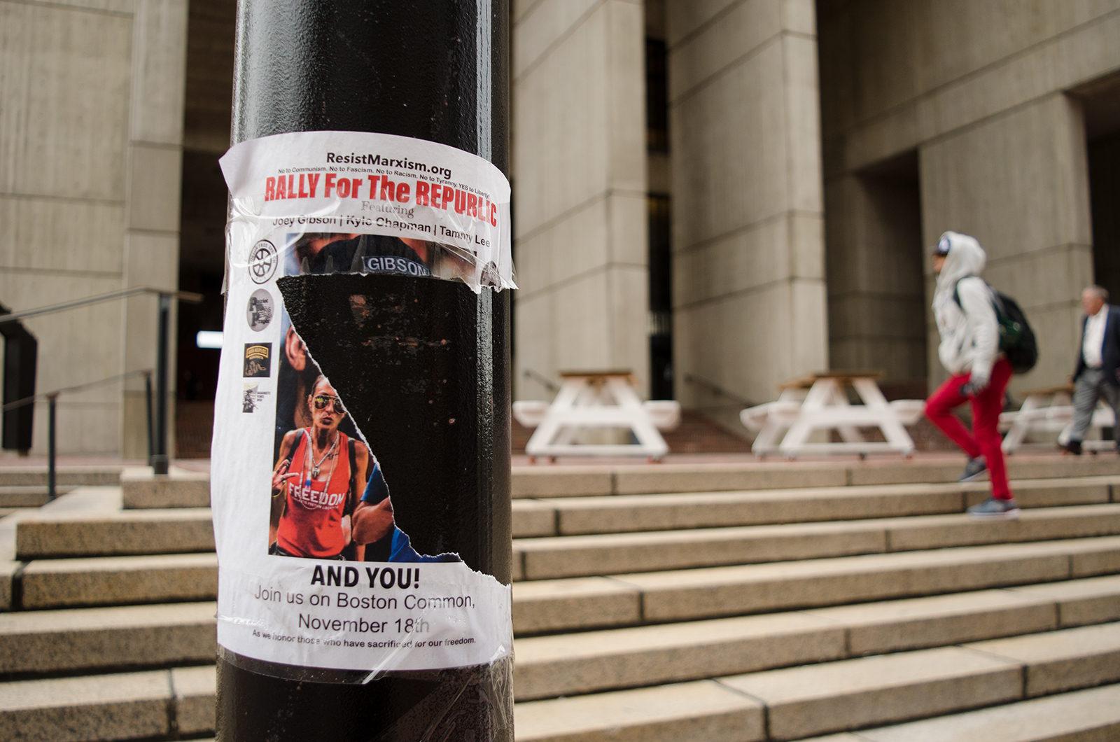 A flyer advertising Resist Marxism’s Rally for the Republic on Nov. 18 is ripped outside of Boston City Hall. PHOTO BY LEXI PEERY/ DAILY FREE PRESS STAFF