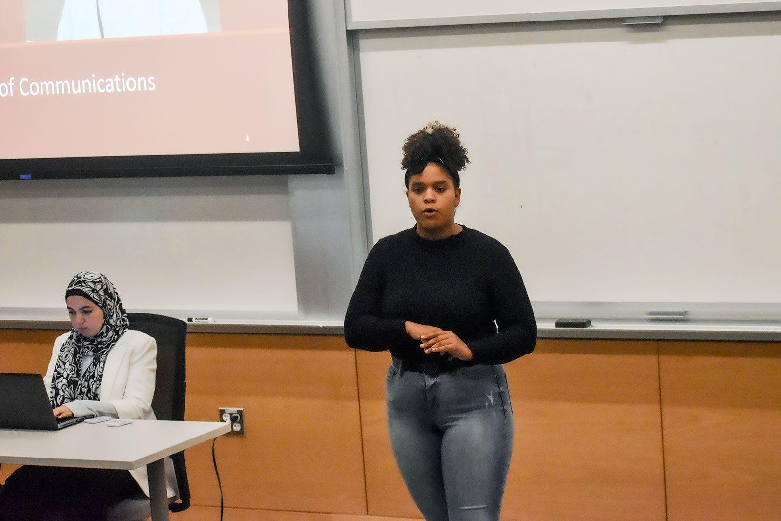 Lia Valdez addresses the Undergraduate Student Government on Monday night before being elected to Co-Director of Communications. LAURYN ALLEN/ DAILY FREE PRESS STAFF