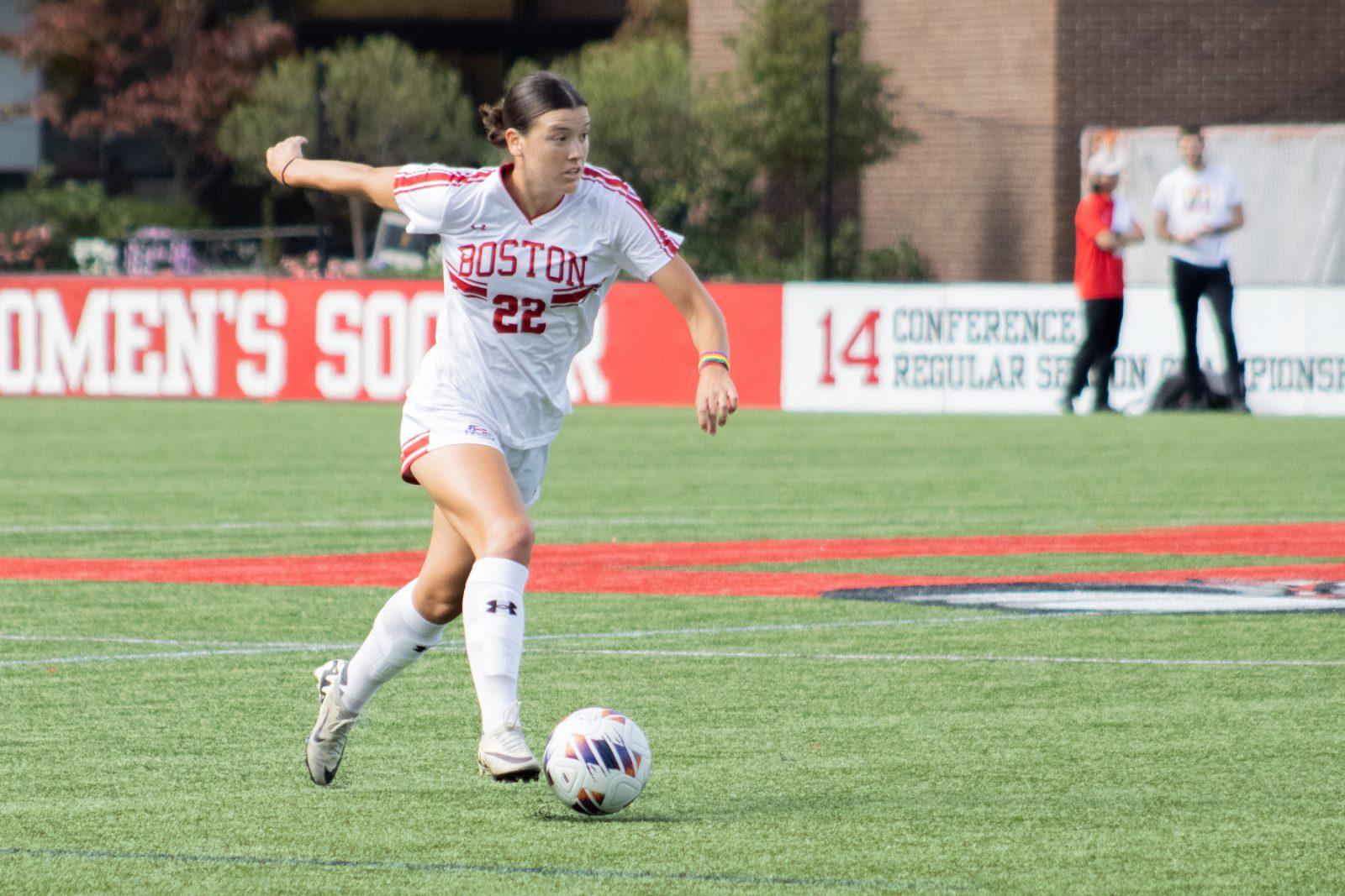 Boston University junior defender Morgan Weaver (22) dribbling the ball during an earlier game against Lehigh University on September 28, 2024. The BU women’s soccer team tied American University 2-2 at an away game on Friday. TALIA LISSAUER/DFP FILE