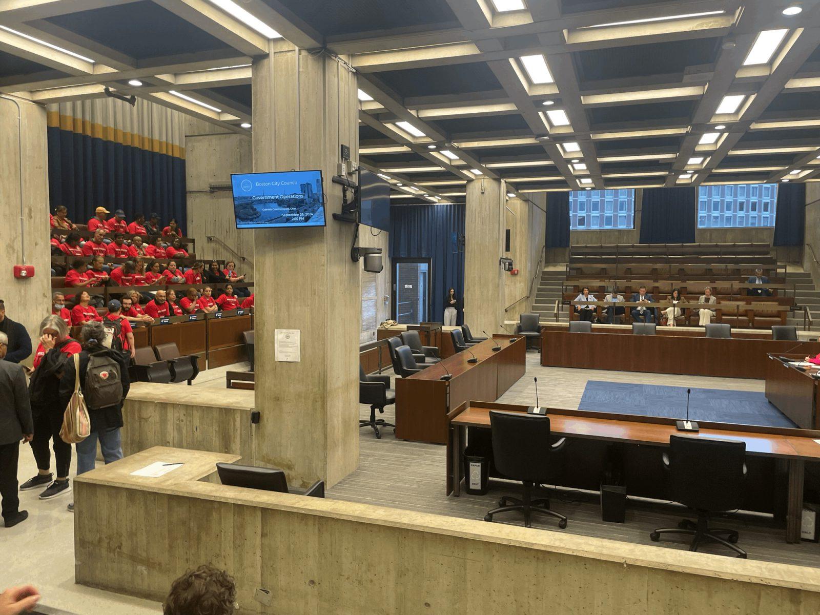 Local 26 union members in a conference room in the Boston City Hall. A third wave of hospitality strikes led by the Local 26 union began on Friday, Sept. 20. PHOTO BY LIAM DUNNE
