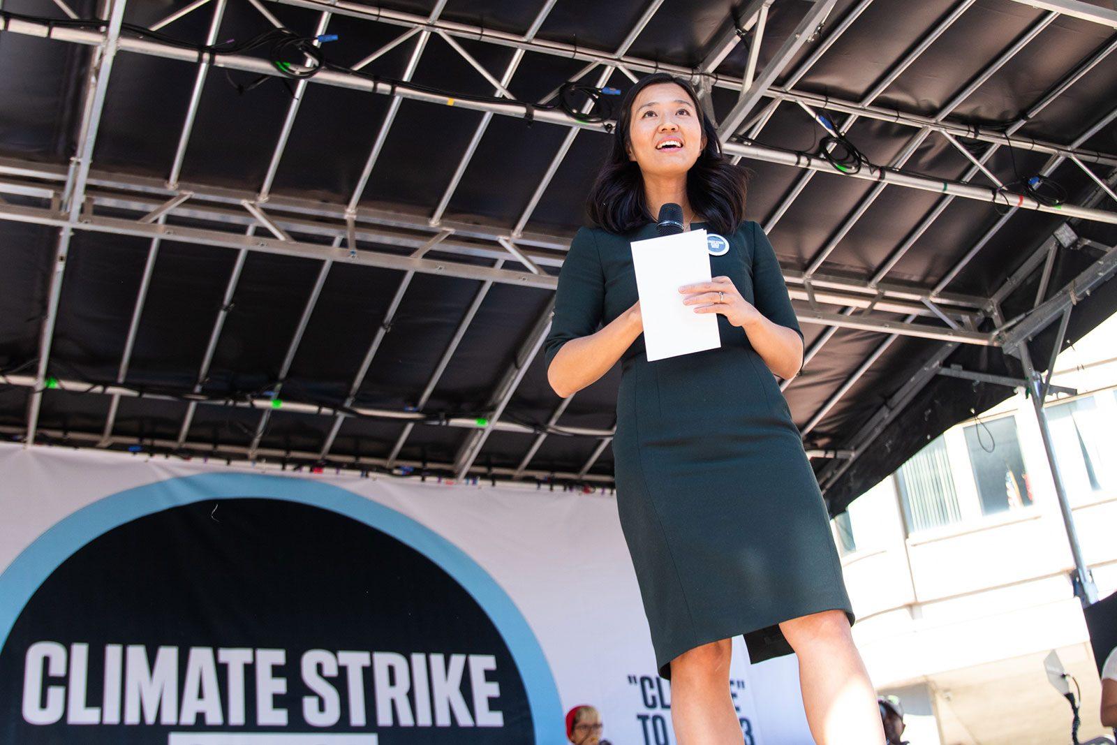 Incumbent City Councilor Michelle Wu speaking at the Boston Climate Strike at the City Hall Plaza on Friday. Wu is running for reelection to one of four at-large positions, with the preliminary elections taking place on Tuesday. SOFIA KOYAMA/ DFP FILE