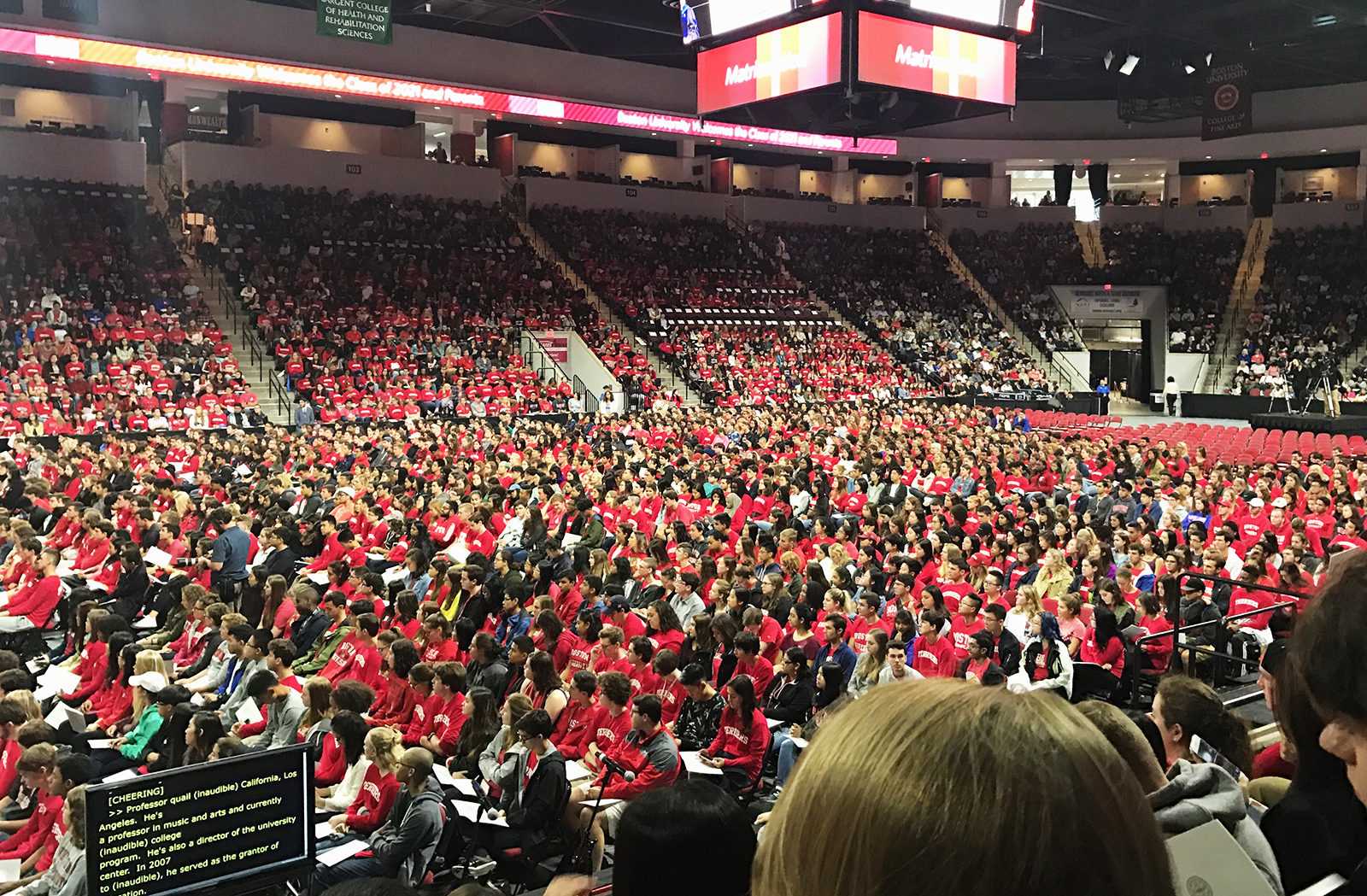Boston University freshmen crowd listens to speakers at the Agganis Arena during the Matriculation Ceremony Sunday afternoon. PHOTO BY MADDIE DOMENICHELLA/ DAILY FREE PRESS STAFF