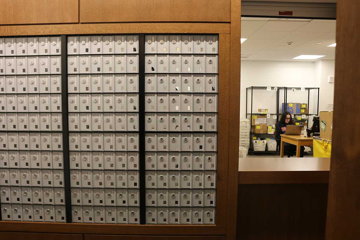Mailroom in a Boston University on-campus residence. Uncertainty looms around the Fall semester for many students who hold on-campus jobs through the federal work-study program. GABRIELA HUTCHINGS/ DFP FILE
