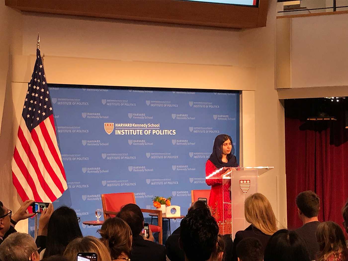 Malala Yousafzai, recipient of the 2018 Gleitsman Activist Award, speaks at the Harvard University Institute of Politics Thursday evening. SHAYNA SCOTT/ DAILY FREE PRESS STAFF