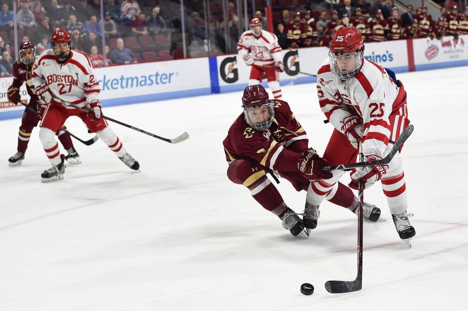 Freshman David Farrance gets moved from defense to forward against UMass Lowell. PHOTO BY MADDIE MALHOTRA/ DFP FILE PHOTO
