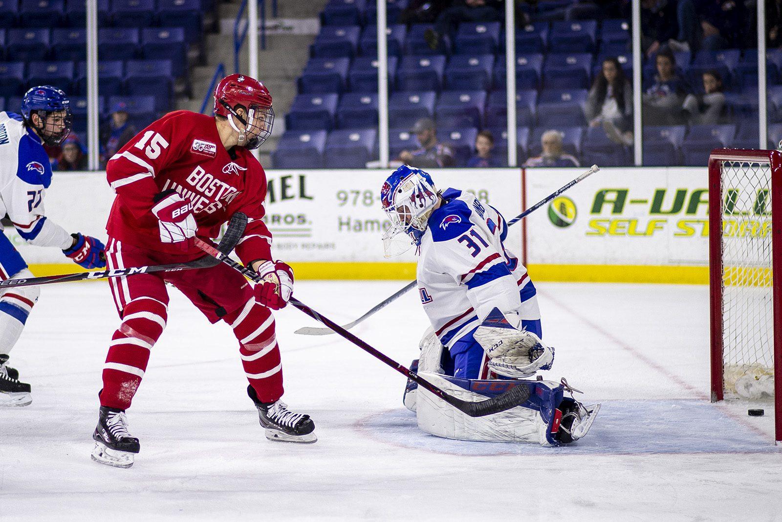 Sophomore forward Shane Bowers nets his second goal of the night, moving BU toward a 5-2 victory over UMass Lowell at the Tsongas Center. PHOTO BY MADDIE MALHOTRA/ DAILY FREE PRESS STAFF