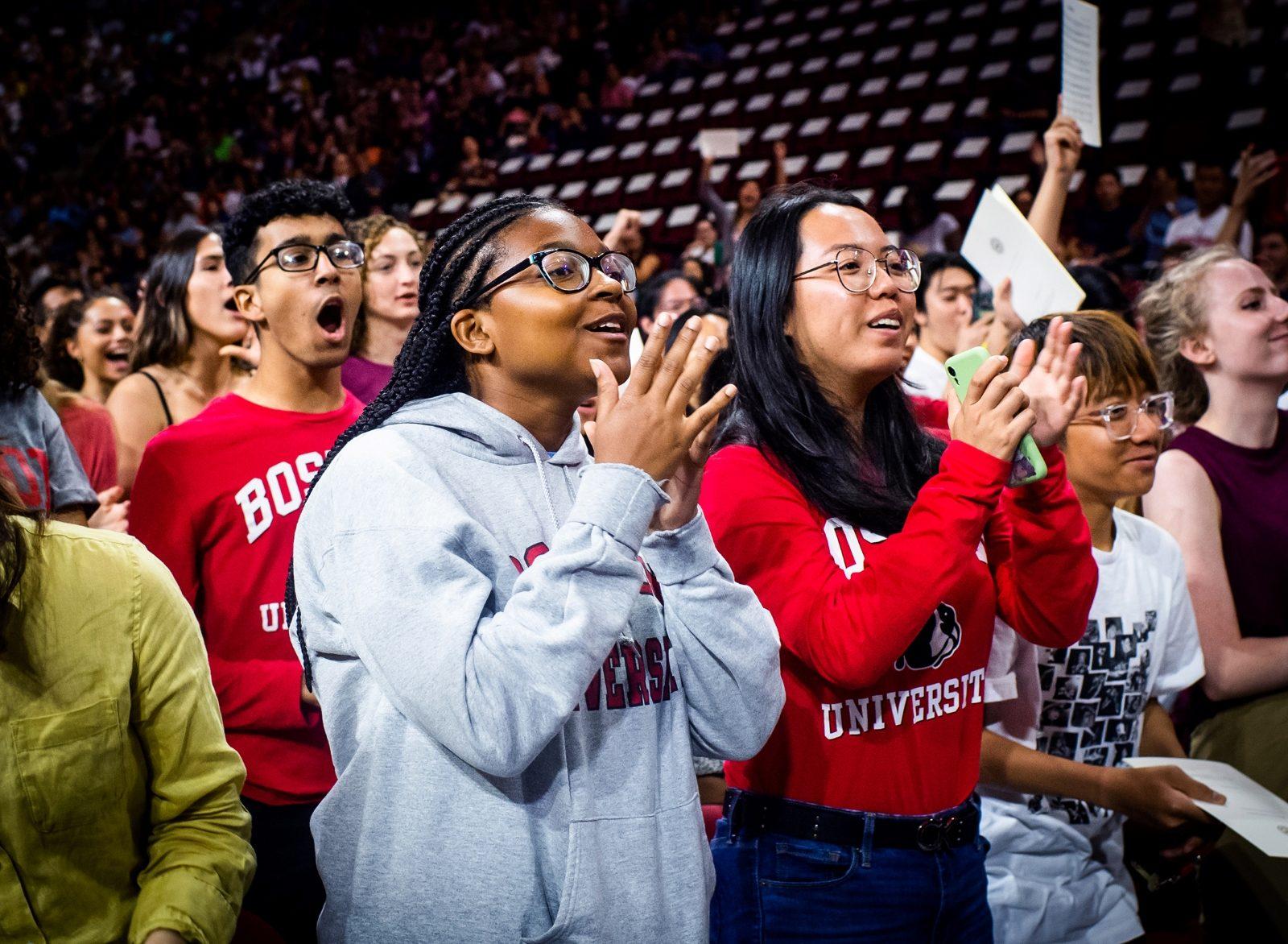 Naomi Caines (CAS 23) and Ying Chu (CAS 23) cheer during the 2019 Matriculation ceremony. The 2019 Matriculation Ceremony celebrating the incoming class of 2023 was held on Sunday afternoon at Agganis Arena. COURTESY OF JACKIE RICCIARDI/BOSTON UNIVERSITY PHOTOGRAPHY