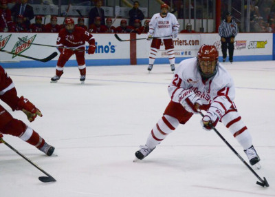 Senior assistant captain Matt Lane had his second goal in as many games against Wisconsin on Saturday. PHOTO BY FALON MORAN/DAILY FREE PRESS STAFF