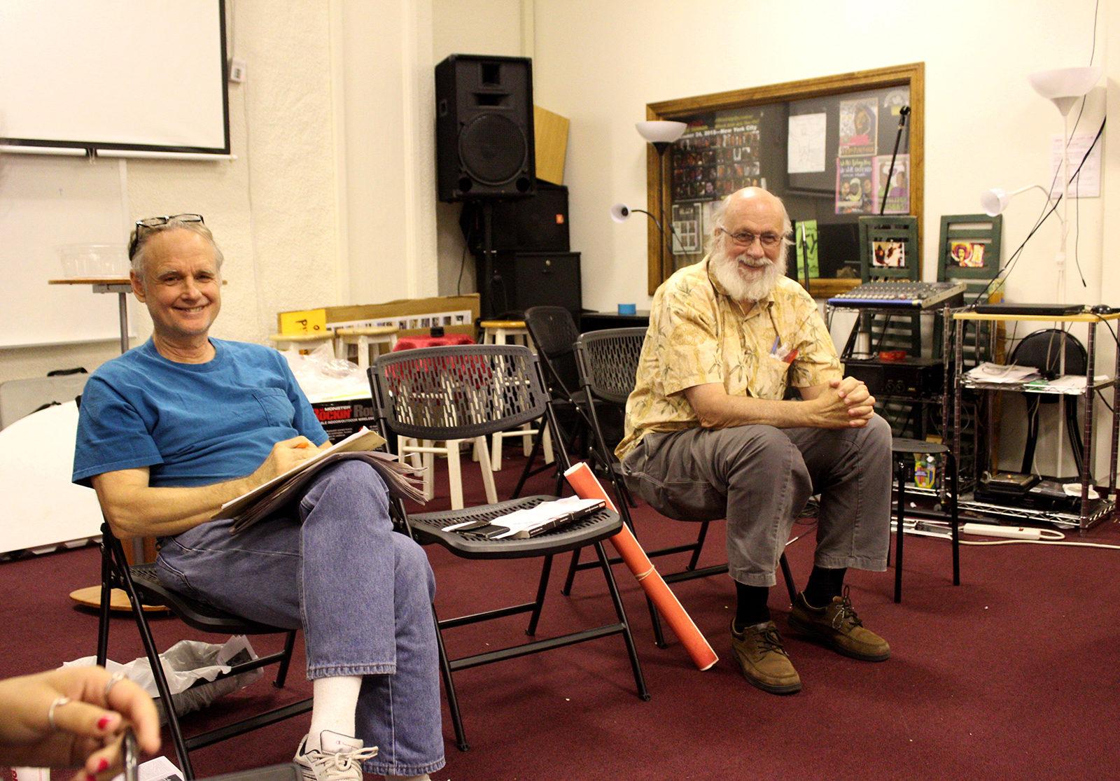 John Harris and Charlie Welch sit down at the Boston May Day Coalition’s Post Action Meeting Saturday afternoon to discuss future action. PHOTO BY MAGGIE LEONE/ DAILY FREE PRESS STAFF