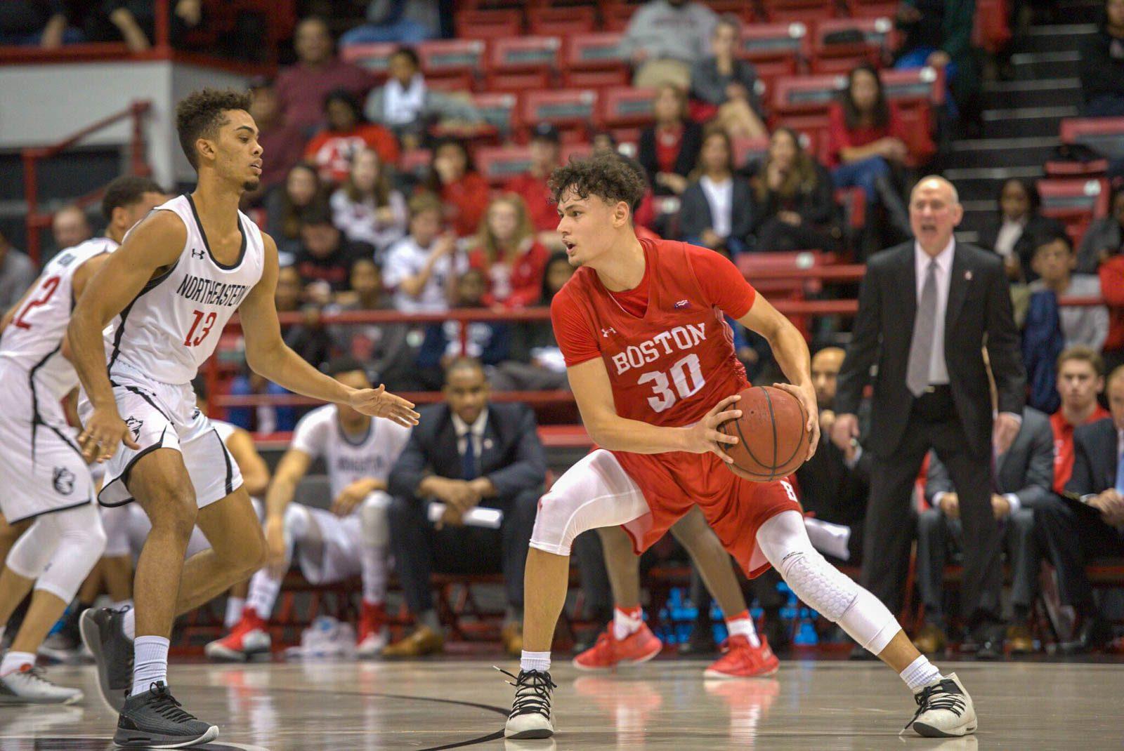 Sophomore guard Javante McCoy in a Nov. 6 game against Northeastern University. McCoy led Boston University with 18 points in a 71-61 win over SUNY Albany Wednesday. MAISIE MANSFIELD-GREENWALD/ DAILY FREE PRESS STAFF