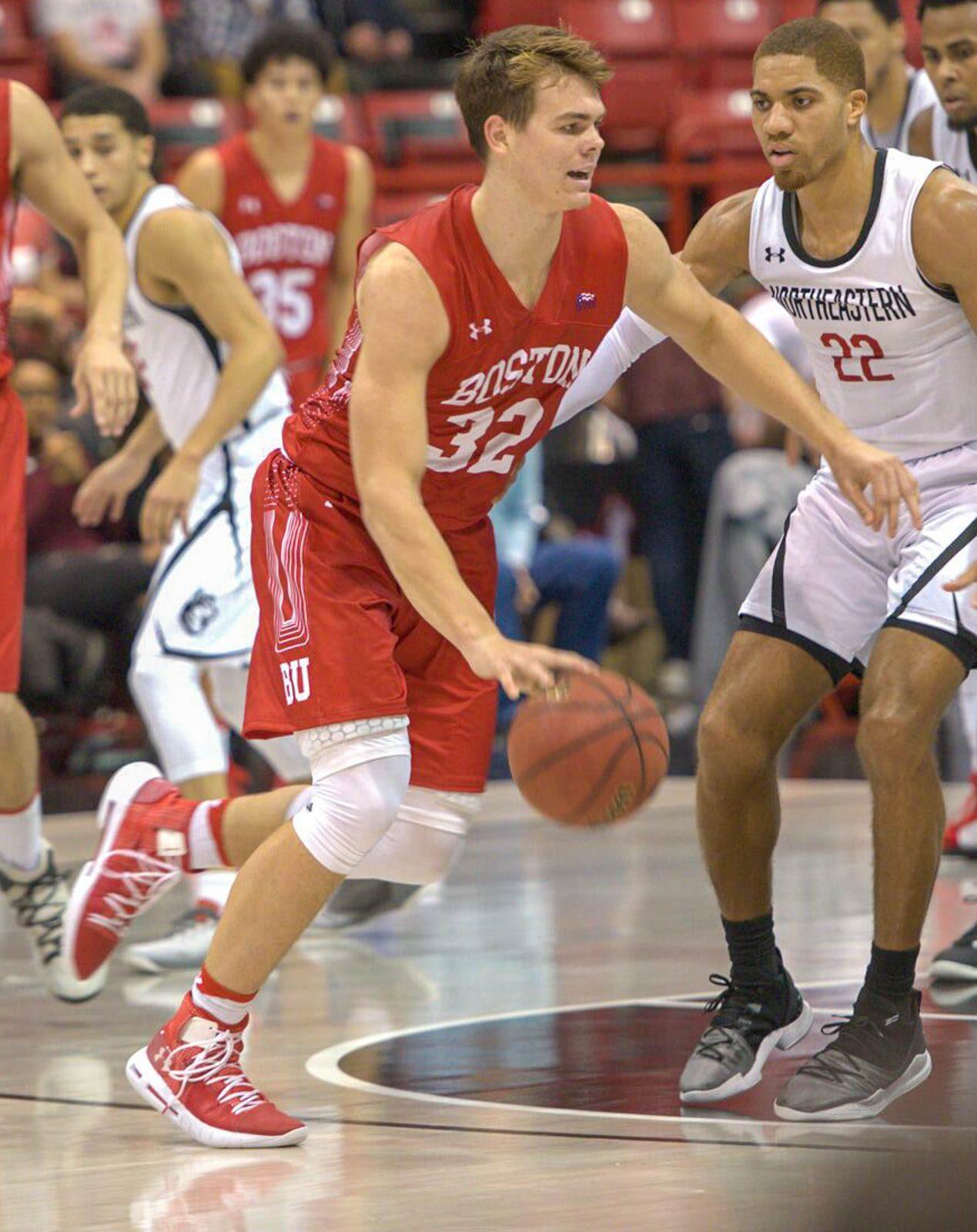 Freshman forward Jack Hemphill in a game against Northeastern University Tuesday. Hemphill recorded his first career double-double against Emerson College Sunday. MAISIE  MANSFIELD-GREENWALD/ DAILY FREE PRESS STAFF