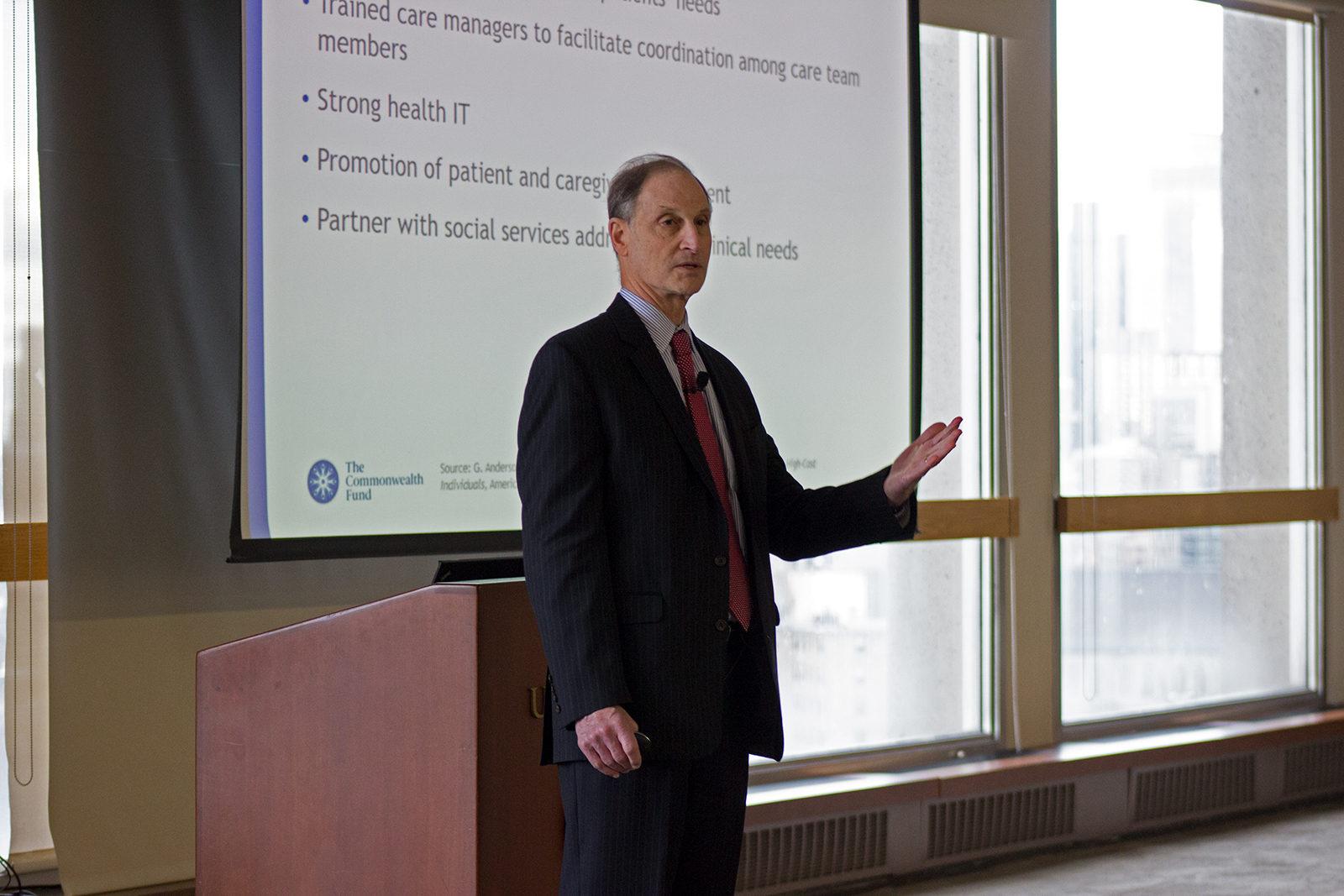 David Blumenthal speaks at the Hiebert Lounge in the Instructional Building on the Boston University Medical Campus Friday afternoon. PHOTO BY JENNA MANTO/ DAILY FREE PRESS STAFF