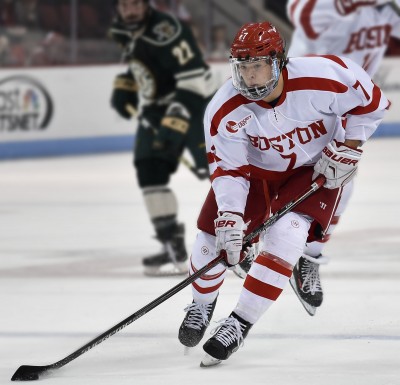 Freshman Charlie McAvoy netted the game-winner, and said he feels his game has improved by leaps and bounds. PHOTO BY MADDIE MALHOTRA/DAILY FREE PRESS STAFF