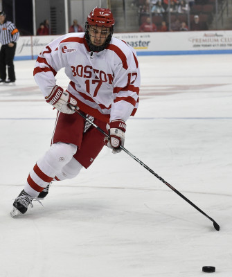 Senior forward Ahti Oksanen scored his 100th career point in BU's loss to BC on Friday. PHOTO BY MADDIE MALHOTRA/DFP FILE PHOTO