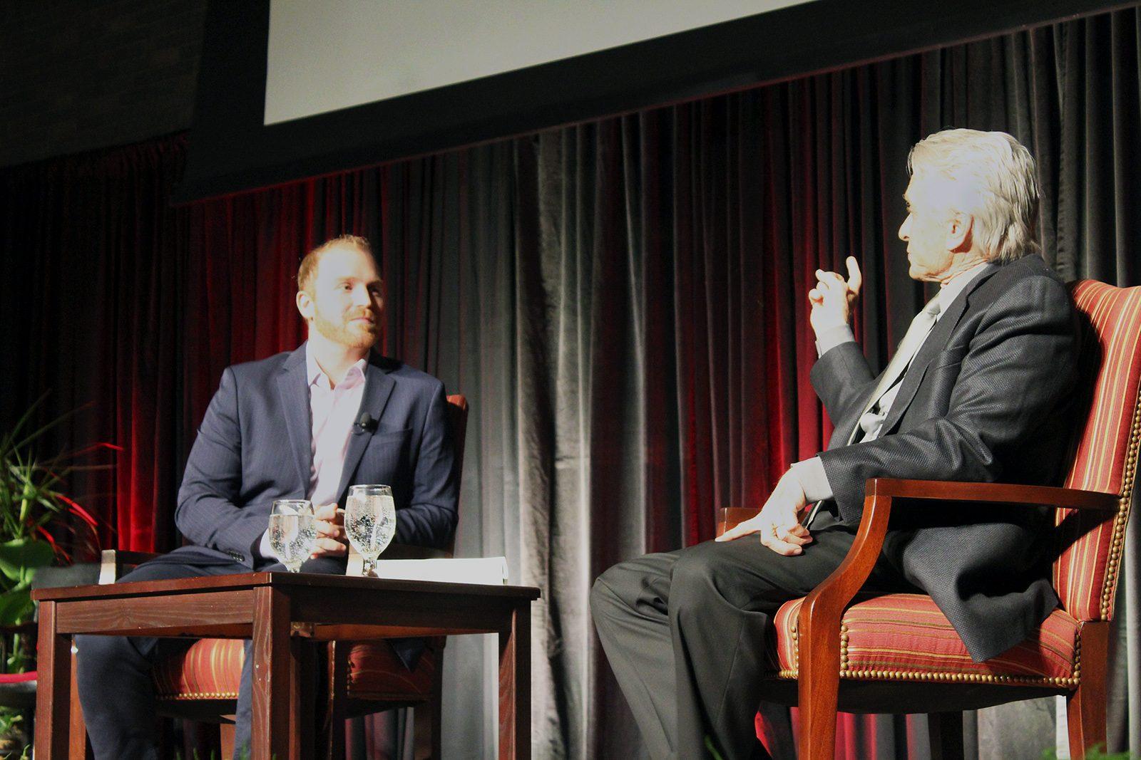 Actor Michael Douglas speaks at an event Wednesday in Metcalf Hall. The Howard Gotlieb Archival Research Center and The Bette Davis Foundation honored Douglas for his 50 years in theater, film and television. RACHEL SHARPLES/ DAILY FREE PRESS STAFF